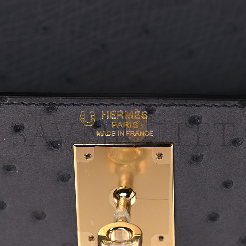 H**mes master ostrich horseshoe kelly sellier 28 gris agate bleu iris (28*22*10cm)